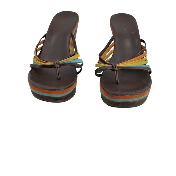 Vintage 90s BCBG Platform Wedge Sandals 9 Rainbow Strappy Wood Hippie Pride - Picture 8 of 11